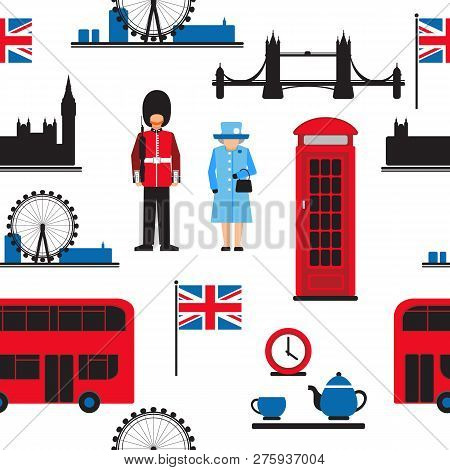 Set Of London Main Attractions Isolated On White Background. Seamless Pattern. Design Element For Fa