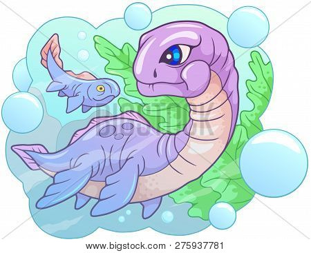 Cartoon Cute Little Dinosaur Plesiosaurus, Funny Illustration