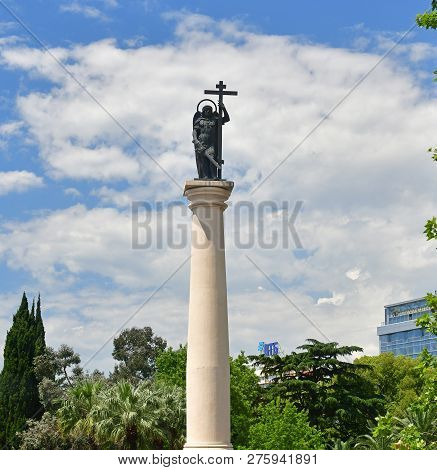 Sochi, Russia - June 2 2018. Monument To Archangel Michael On Kurortny Prospect Square
