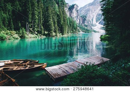 Beautiful View Of Lago Di Braies Or Pragser Wildsee, Trentino Alto Adidge, Dolomites Mountains, Ital