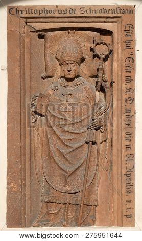 BRESSANONE, ITALY - JULY 14, 2018: A memorial tablet on the portal of the Cathedral of Santa Maria Assunta i San Cassiano in Bressanone, Italy