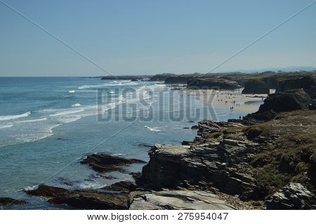 Geological Formations On The Shore Of The Beach Of The Cathedrals In Ribadeo. August 1, 2015. Geolog