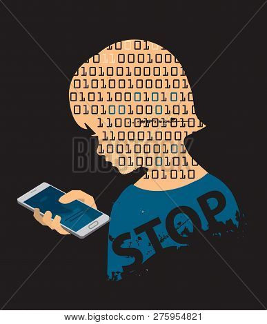 Little Child With Mobile Phone Dependence. Child Stylized Head Silhouette With Binary Codes, Mobile 