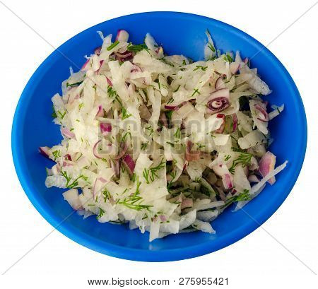 Salad Daikon, Onions And Dil Isolated On White Background. Salad On A Plate . Vegetarian Food