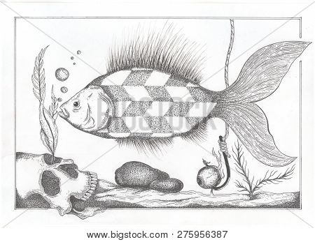 Black And White Illustration Of The Underwater World, Black Fish