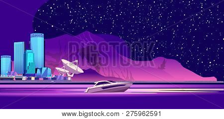 Vector Horizontal Illustration, Coastal City, Resort On The Background Of Mountains And Night Starry