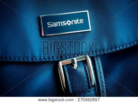 MOSCOW - DECEMBER 28, 2018: Samsonite label on a backpack. Samsonite International is an American luggage manufacturer and retailer