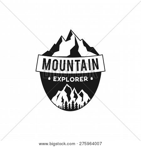 Mountain Explorer Badge. Camping Adventure Emblem In Silhouette Retro Style. Featuring Mountains And