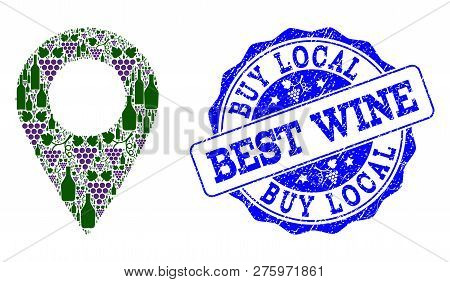 Vector Collage Of Grape Wine Local Place And Grunge Seal For Best Wine. Local Place Collage Formed W