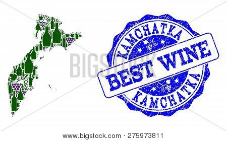 Vector Collage Of Grape Wine Map Of Kamchatka Peninsula And Grunge Stamp For Best Wine. Map Of Kamch