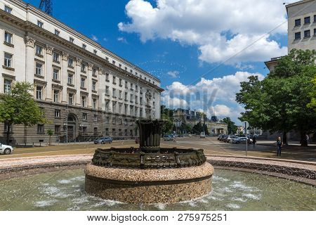 Sofia, Bulgaria -may 20, 2018: Fountain At Atanas Burov Square , Sofia, Bulgaria