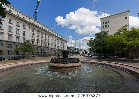Sofia, Bulgaria -may 20, 2018: Fountain At Atanas Burov Square , Sofia, Bulgaria