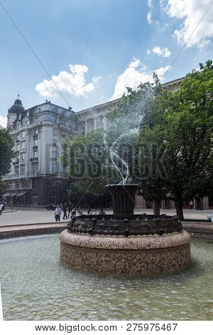 Sofia, Bulgaria -may 20, 2018: Fountain At Atanas Burov Square , Sofia, Bulgaria