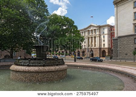 Sofia, Bulgaria -may 20, 2018: Fountain At Atanas Burov Square , Sofia, Bulgaria