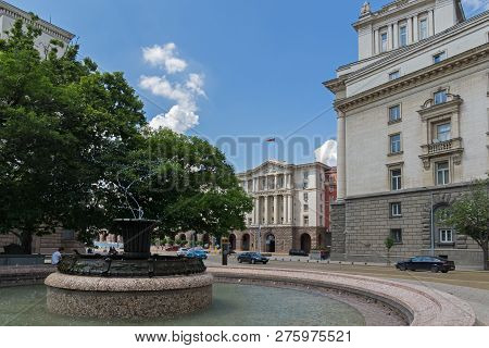 Sofia, Bulgaria -may 20, 2018: Fountain At Atanas Burov Square , Sofia, Bulgaria