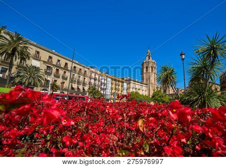 Valencia Plaza de la Reina square Miguelete also Micalet tower in Spain red flowers
