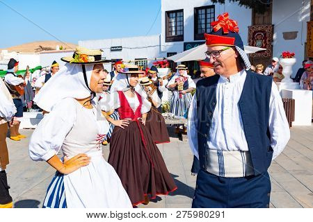 Lanzarote, Dec 15, 2018 - Traditional Dresst People At A Folklore Show In The Old Town Of Teguise On
