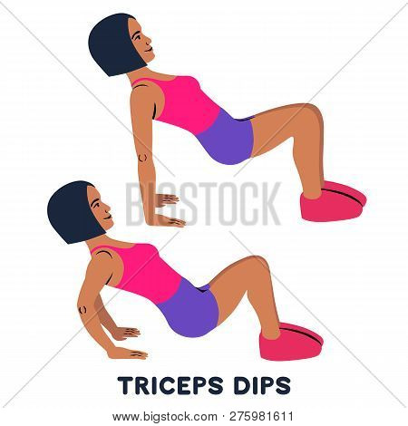 Triceps Dips. Sport Exersice. Silhouettes Of Woman Doing Exercise. Workout, Training.