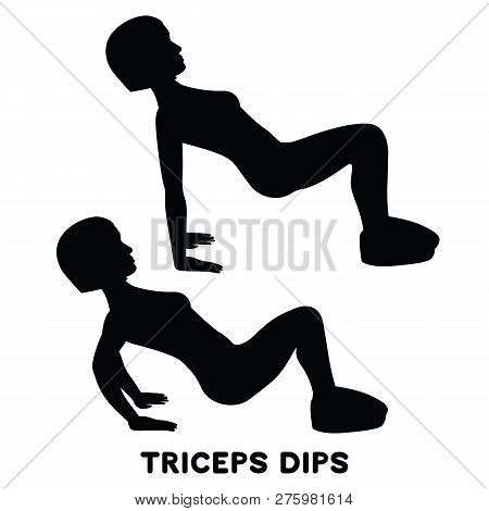 Triceps Dips. Sport Exersice. Silhouettes Of Woman Doing Exercise. Workout, Training.
