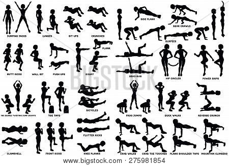 Sport Exersice. Silhouettes Of Woman Doing Exercise. Workout, Training.