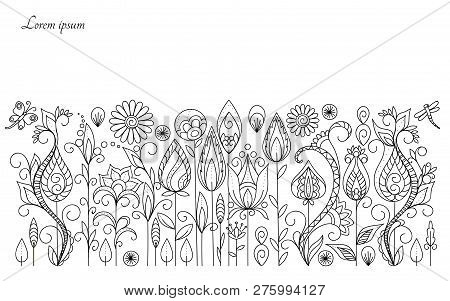 Hand Drawn Floral Background In Boho Style With Flowers And Leaves. Isolated Page For Adult Anti-str