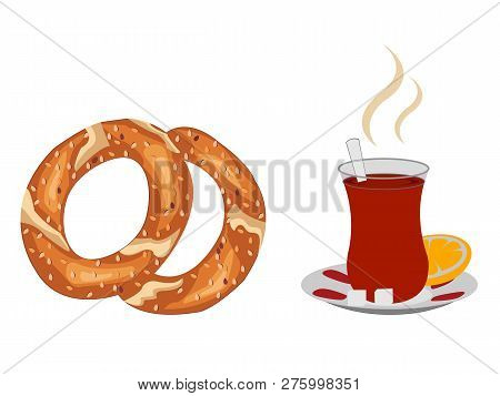 Cup Of Steaming Turkish Tea With Turkish Simit