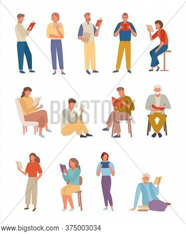 People Books Read Large Set. Characters Carefully Study Books Professor Scientific Work Girl Reads F