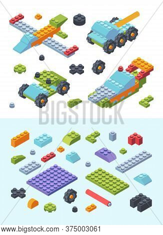 Kids Constructor Toys Isometric Set. Variety Modern Colored Tiles Details Assembled Toy Models Wheel
