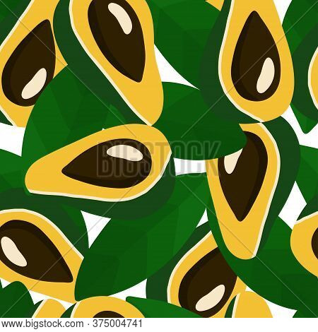 Beautiful Seamless Pattern With Avocado. Juicy And Tasty Fruits. Yellow And Green Fruits With Seeds.