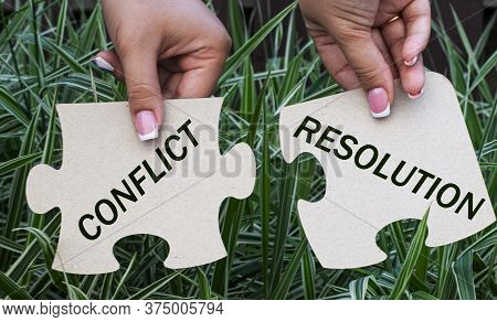 Conflict And Resolution On Fragments Of A Mosaic In The Hands Of A Girl On A Green Background
