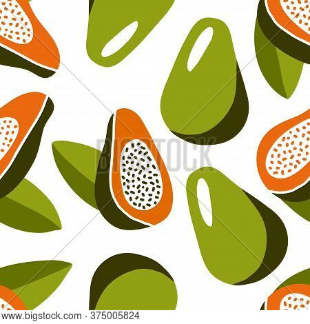 Organic Tasty Papaya. Seamless Repeating Pattern. Bright Colors - Orange And Green. Whole And Sliced