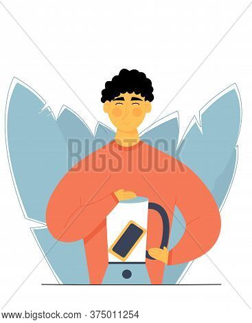 Cute Guy With Boender. Smartphone In Mixer. Digital Detox. Modern Flat Vector Illustration.