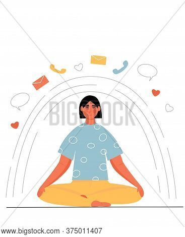 Woman Meditating In Lotus Pose. Digital Detox. Offline. Time To Detox. Modern Flat Vector Illustrati