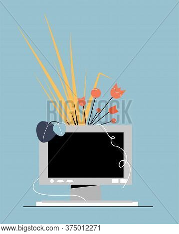 Computer With Flowers. Digital Detox. Offline Concept. Modern Flat Vector Illustration.
