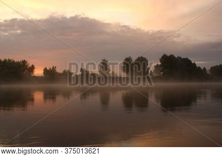 Morning Landscape On The Sejm River, Ukraine, Fog Over The Water And Sunrise