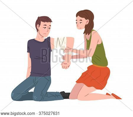 Girl Bandaging Arm Of Injured Man, Young Woman Helping Man With Injury, First Aid Vector Illustratio