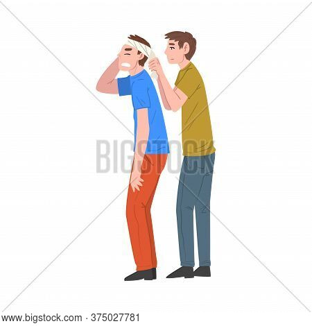 Man Bandaging Head Of Injured Person, Guy Helping Young Man With Injury, First Aid Vector Illustrati