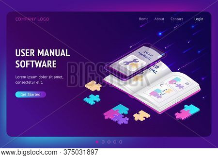 User Manual Software Isometric Landing Page, Guide Book With Tech Documents On Mobile Phone Screen. 