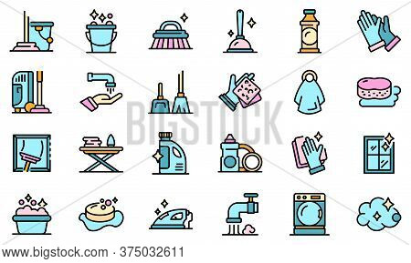 Housekeeping Icons Set. Outline Set Of Housekeeping Vector Icons Thin Line Color Flat On White