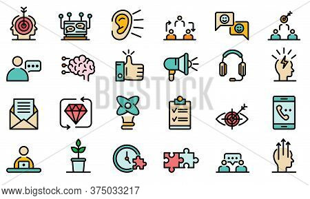 Crm Icons Set. Outline Set Of Crm Vector Icons Thin Line Color Flat On White