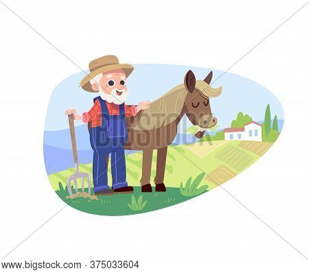 Farmer with horse. Countryside background. Old MacDonald . Old farmer stay stay beside horse.