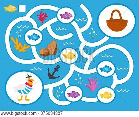 Vector Maze Game For Preschool Children. Learn Count. Help The Pelican Collect Fish. Logic Puzzle Ga