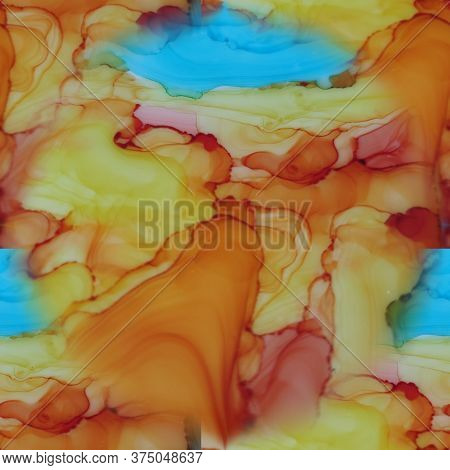 Seamless Liquid Paints Background. Chinese Ink Painting. Vivid Tones Bleached Print. Colorful Natura