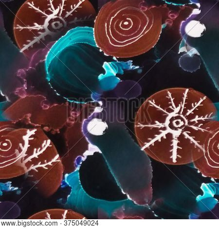 Watercolor Seamless Pattern. Ink Paint Abstract. Neon Blue Bleached Print. Dark Tones Marble Stone T