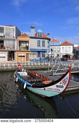 Aveiro, Portugal - May 23, 2018: Aveiro Canal Gondola-style Boats In Portugal. Aveiro Is Known As Th