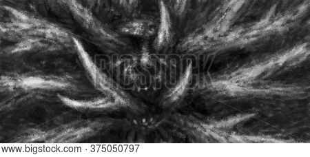 The Head Of A Dead Demon From Whose Mouth Grows Tree Branches. Looking Forward At The Camera. Illust