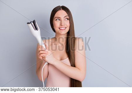 Photo Of Beautiful Model Lady Long Hairstyle Hold Electric Styler Curler Making Straight Curls Wavy 