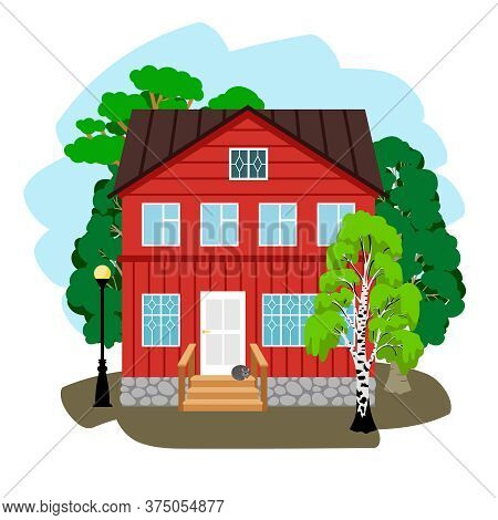 Country House In Forest. Cartoon Wooden Housing For Vacation In Summer Among Trees, Vector Illustrat