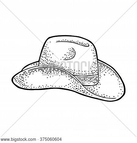 Man Cowboy Hat With Ribbon. Stetson. Vector Black Vintage Engraving Illustration. Isolated On A Whit