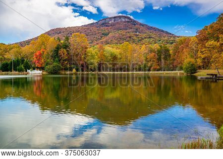 Yonah Mountain, Georgia, USA autumn landscape and lake.
